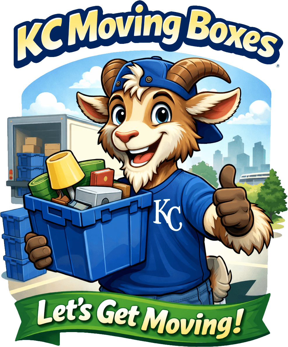 Totes McGoats, the KC Moving Boxes mascot, with a stack of reusable moving totes