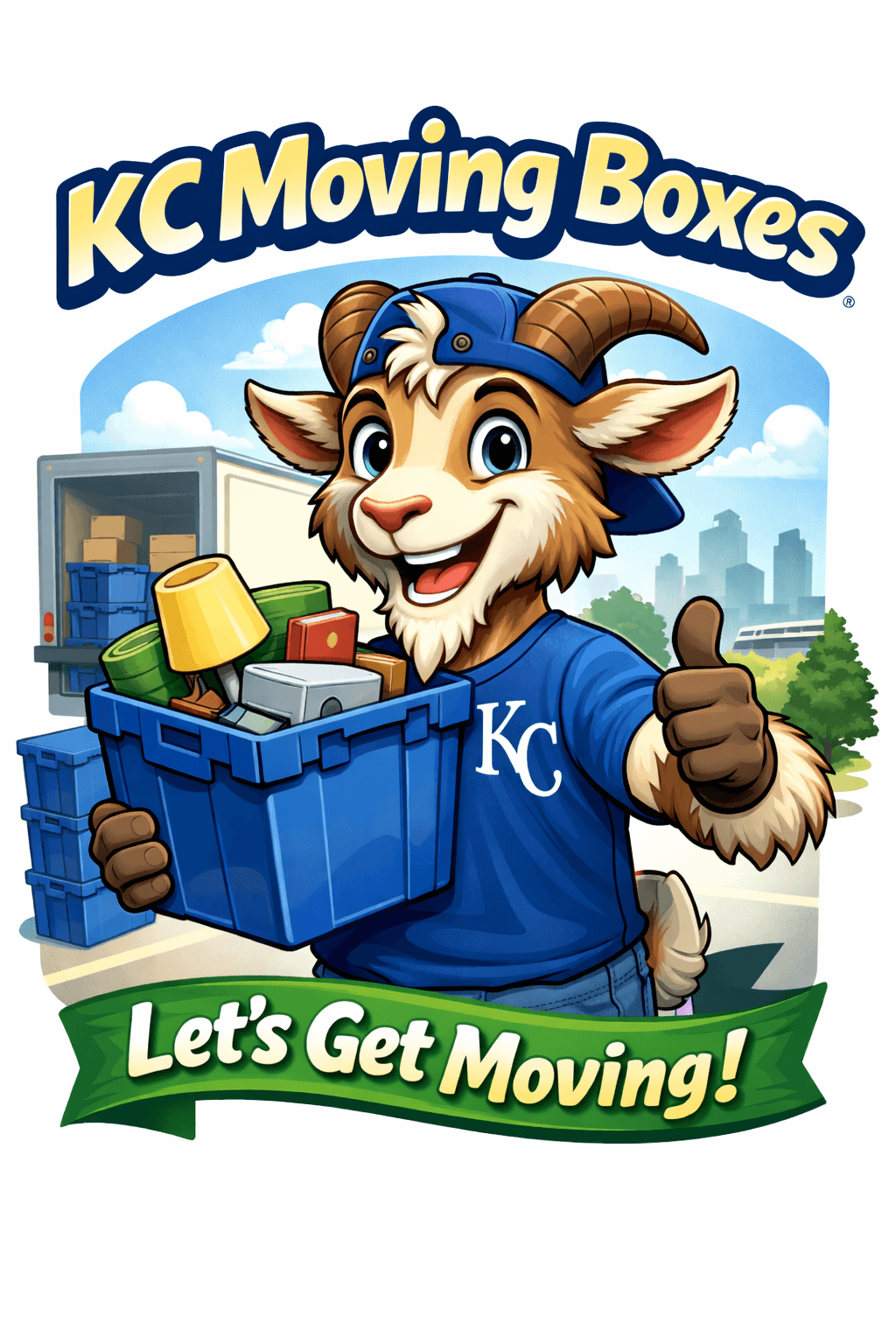 Totes McGoats, the KC Moving Boxes mascot, with a stack of reusable moving totes